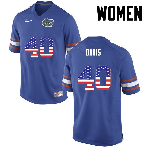 Florida Gators Women #40 Jarrad Davis College Football Jersey USA Flag Fashion Blue